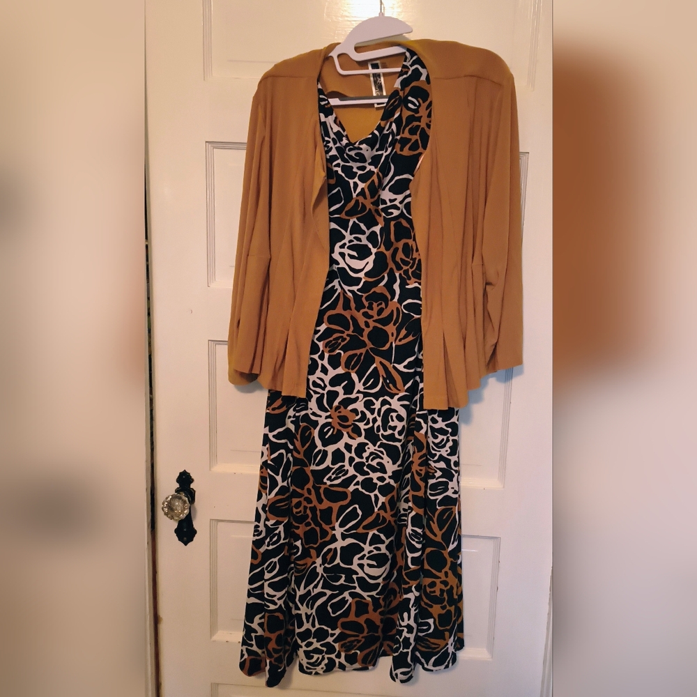 Floral Black and Brown Dress with Tan Cardigan